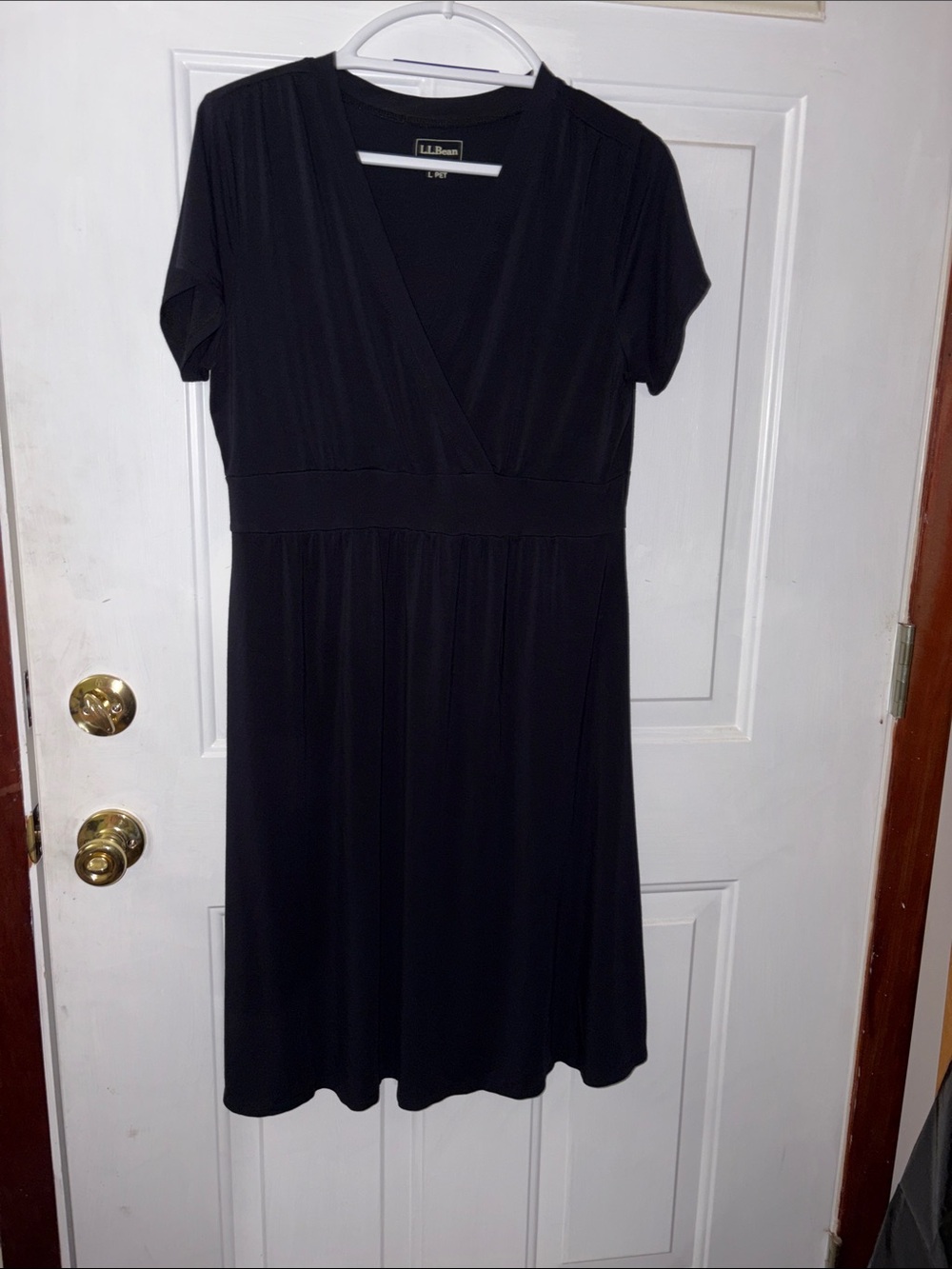 L.L. Bean Black V-Neck Past Knee-Length Short Sleeve Dress
